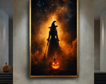 Halloween Witch and Pumpkin Canvas Wall Art, Spooky Jack O Lantern Print, Dark Fantasy Artwork for Gothic or Seasonal Home Decor