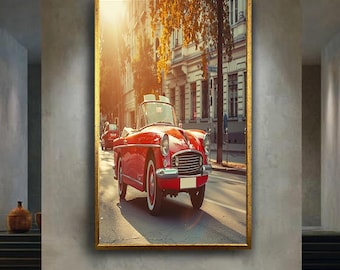 Vintage Red Convertible Car Canvas Wall Art, Classic Retro Automobile Photography for Home Decor, Gift for Car Enthusiasts