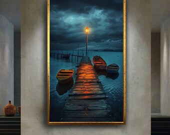 Moody Dock Canvas Wall Art with Boats and Lamp Light Reflection – Dramatic Lake Scene Print for Calm, Nautical or Atmospheric Room Decor