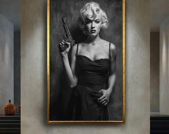 Film Noir Femme Fatale Canvas Wall Art in Black and White, Vintage Hollywood Glamour Portrait with Gun for Retro Home Decor