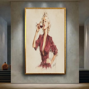 Vintage Glamour Wall Art Print, Elegant Woman in Red Dress Drinking Wine, Retro Style Fashion Illustration Poster Decor