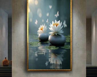 White Lotus Flower Canvas Wall Art with Butterflies and Stones – Tranquil Nature Print for Spa, Meditation or Zen Home Decor