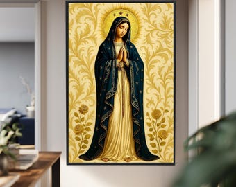 Holy Virgin Mary Canvas Wall Art With Blue And Gold Robe Religious Catholic Artwork For Faith Based Home And Sacred Prayer Decor