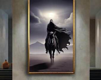 Dark Rider on Horse Fantasy Wall Art | Hooded Shadow Figure Under Moonlight | Gothic Epic Warrior Canvas for Dark Aesthetic Decor