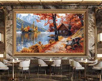 Autumn Cabin by the Lake Wall Art Print, Cozy Fall Landscape Canvas Art, Rustic Mountain Nature Artwork for Home Decor