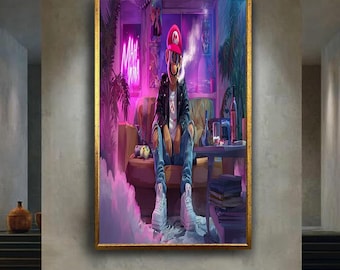 Vaporwave Gamer Canvas Wall Art – Retro Masked Character with Neon Lights and Console Vibes – Edgy Urban Gaming Room Decor