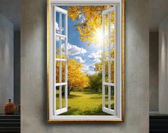 Open Window Wall Art with Autumn Landscape Sunny Golden Trees Scenic Nature View 3D Effect Home Decor