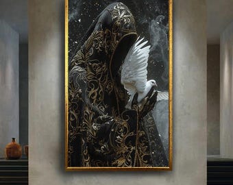 Gothic Hooded Figure with White Dove Canvas Wall Art, Dark Fantasy Symbolic Artwork for Mysterious and Elegant Home Decor