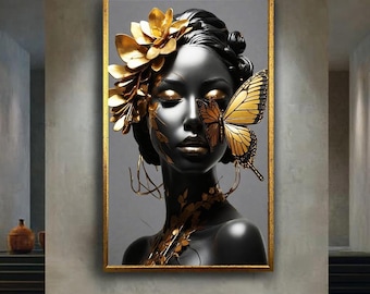 Elegant Black and Gold Woman Canvas Wall Art with Butterfly and Floral Accents – Luxury Modern Portrait for Glamorous Home Decor