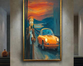 Funny Scream Parody Canvas Wall Art – Modern Expressionist Print with Ice Cream and Car – Humorous Pop Culture Decor for Quirky Walls