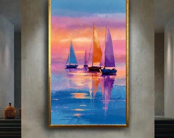 Colorful Sailboats Sunset Seascape Wall Art, Pastel Ocean Painting Printable for Beach House or Nautical Coastal Room Decor