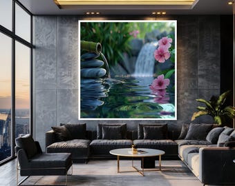 Zen Waterfall Wall Art Print, Peaceful Bamboo Fountain and Flower Decor, Serene Nature Photography for Spa, Yoga or Meditation Rooms