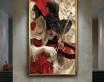 Elegant Woman with Violin Wall Art Red Roses Canvas Print Romantic Classical Music Poster for Luxury or Artistic Home Decor Gift