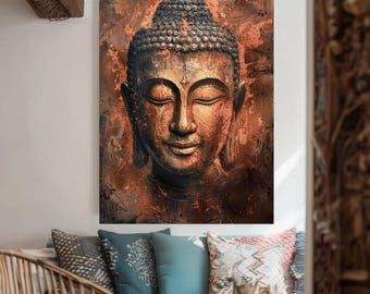 Rustic Copper Buddha Canvas Wall Art – Earthy Zen Decor for Meditation Room,  Spiritual Artwork with Serene Buddha Face