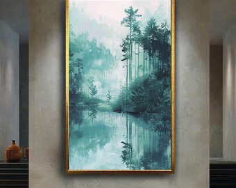 Misty Forest Reflection Canvas Wall Art Print, Tranquil Green Nature Landscape for Calm Home Decor, Minimalist Woodland Fog Artwork
