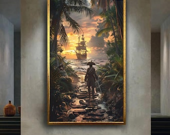 Pirate Ship Sunset Canvas Wall Art – Tropical Island Adventure Scene, Nautical Ocean Voyage Print for Coastal and Maritime Home Decor