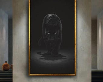 Black Panther Wall Art Print | Dark Jungle Animal Canvas with Intense Stare | Bold Elegant Wild Cat Poster for Modern Home Decor