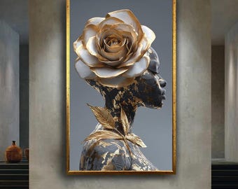 Golden Rose Abstract Portrait Canvas Wall Art, Elegant Black and Gold Woman Print with Luxury Fashion Style for Modern Glam Decor