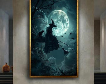 Witch and Cat Flying in Front of Full Moon Canvas Wall Art – Mystical Halloween Night Print for Gothic, Spooky or Fantasy Room Decor