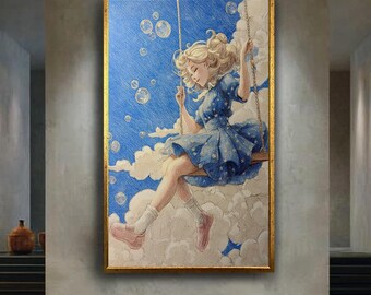 Whimsical Girl on Swing Canvas Wall Art, Dreamy Clouds and Bubbles Sky Illustration, Cute Fairytale Print for Child Room Decor