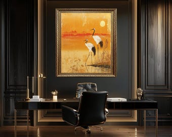 Japanese Crane Birds Wall Art Print, Minimal Asian Style Sunset Artwork, Traditional Oriental Nature Scene for Zen and Wabi Sabi Decor