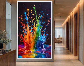 Abstract Color Explosion Canvas Wall Art with Bold Paint Splashes in Red, Yellow, Blue and Purple, Modern Vibrant Art Print for Home Decor