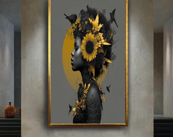 Sunflower Afro Woman Canvas Wall Art, Black and Gold Botanical Portrait Print, Modern Surreal Nature Inspired Boho Wall Decor