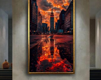 Empire State Building Canvas Wall Art with Fiery Sunset Reflection – Dramatic New York City Skyline Print for Modern Urban Decor