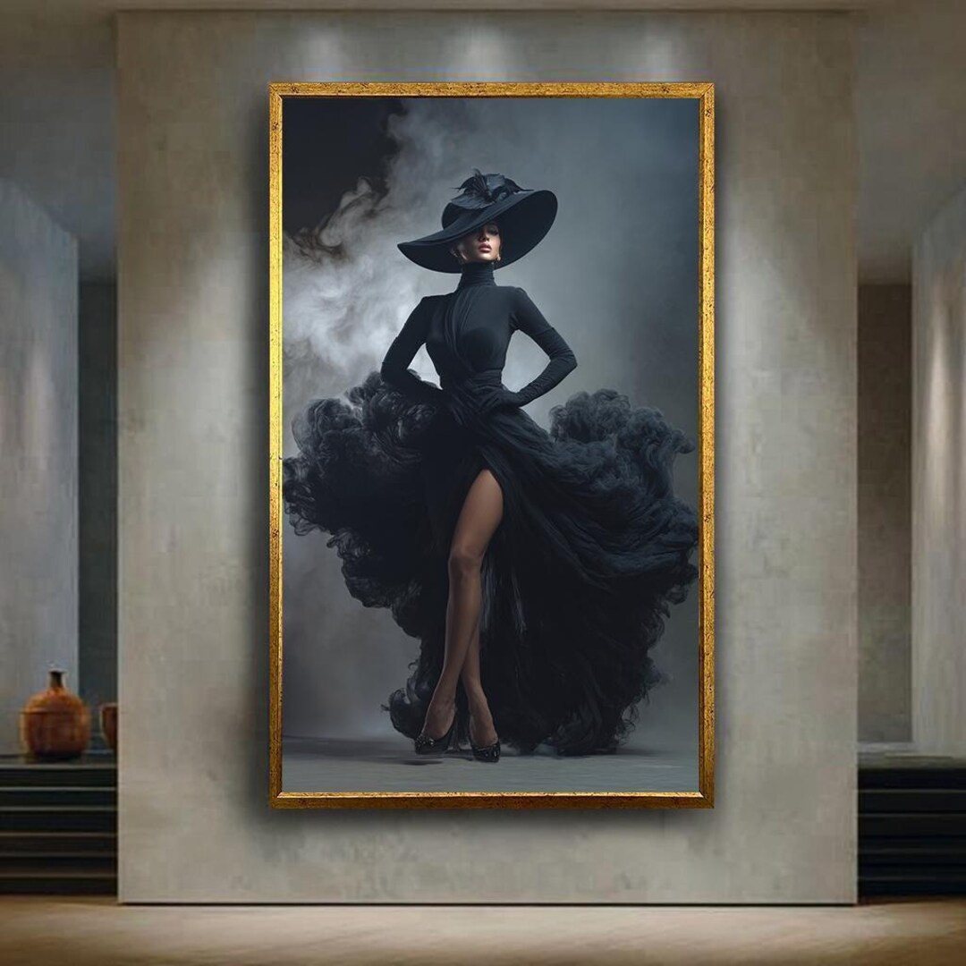 Elegant Woman in Black Dress and Wide Brim Hat Canvas Wall Art ...