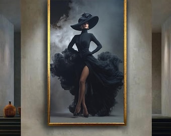 Elegant Woman in Black Dress and Wide Brim Hat Canvas Wall Art, Dramatic High Fashion Portrait Photography for Luxury Home Decor