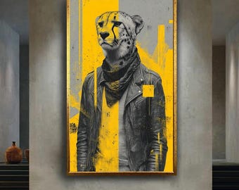 Modern Cheetah in Leather Jacket Wall Art Print, Urban Yellow Abstract Animal Portrait Canvas for Trendy Street Style Home Decor