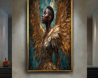 Golden Angel Goddess Canvas Art – Regal Female Portrait with Majestic Wings – Divine Feminine Gold Wall Print for Luxe Home Decor