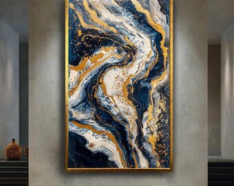 Abstract Navy Blue White and Gold Marble Canvas Wall Art with Fluid Print Texture, Modern Luxury Home and Office Decoration