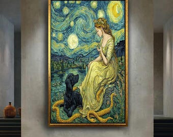 Starry Night Goddess and Dog Canvas Wall Art – Van Gogh Style Fantasy Print with Serpent – Whimsical Moonlit Art for Dreamy Home Decor