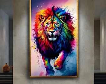 Colorful rainbow lion canvas wall art print, vibrant abstract animal painting for modern home, gamer room or bold creative studio decor