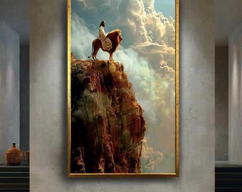 Jesus on Lion Cliff Wall Art – Spiritual Leadership and Majesty Canvas Print – Christian Strength Poster for Faithful Home Decor