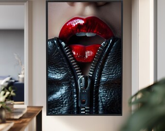 Red Lips and Zipper Wall Art Canvas – Sexy Close-Up Glossy Lip Poster with Leather Jacket, Bold Modern Print for Bedroom Décor