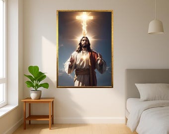 Jesus Christ Spiritual Wall Art - Glowing Cross Religious Artwork - Christian Gift for Believers - Faith-Based Divine Poster Print
