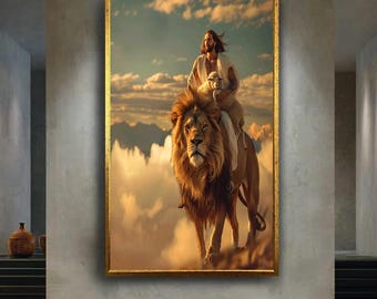 Jesus with Lamb on Lion Wall Art Canvas | Powerful Christian Symbolic Print | Spiritual Artwork of Strength Compassion and Divine Leadership