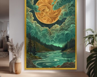 Mystical Moonlit River Canvas Wall Art with Golden Swirling Moon and Dreamy Forest Landscape, Fantasy Night Nature Print for Home Decor