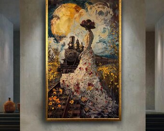Romantic Lady in Floral Dress with Vintage Train Canvas Wall Art, Colorful Palette Knife Print for Elegant and Nostalgic Home Decor