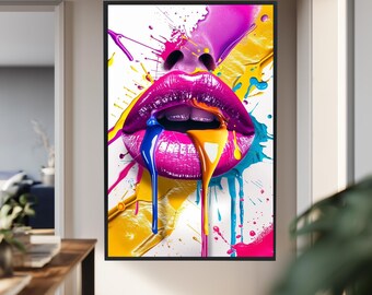 Colorful Lips Wall Art Canvas – Dripping Paint Pop Art Poster in Pink Yellow Blue, Bold Modern Artwork for Bedroom or Creative Space