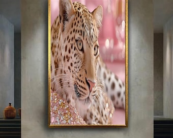 Luxury Leopard Art Print with Pink Diamond Sparkle, Elegant Wild Cat Wall Decor for Glamorous Animal Lovers and Fashion Spaces