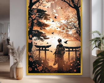Japanese Kimono Woman Canvas Print With Cherry Blossoms And Torii Gates Sunset Wall Art For Zen Home And Asian Inspired Decor
