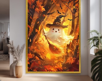 Cute Halloween Ghost Flying On Broomstick In Autumn Forest With Witch Hat And Bats Spooky Adorable Fall Canvas Wall Art