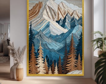 Hand Drawn Mountain Landscape Wall Art with Forest Trees and Textured Lines, Rustic Nature Illustration for Cabin or Outdoor Decor