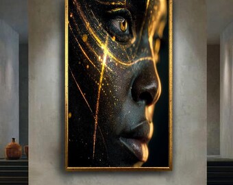 Black and Gold Abstract Face Canvas Wall Art – Modern Close-Up Portrait with Metallic Light Streaks – Luxury Print for Elegant Home Decor