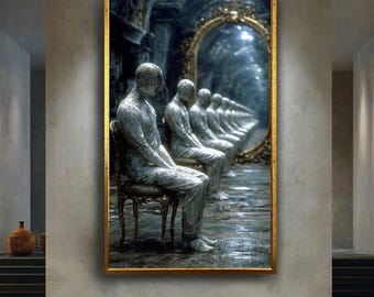Surreal Marble Statue Wall Art, Repeating Figures in Mirror Room Digital Print, Conceptual Gothic Fantasy Poster for Dark Home Decor