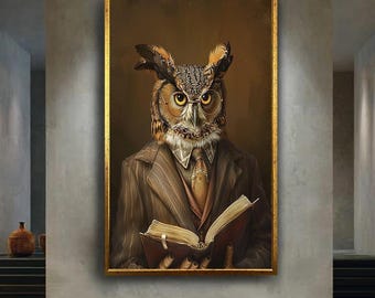 Professor Owl Canvas Wall Art – Whimsical Animal Portrait Holding Book – Vintage Intellectual Owl Print for Library or Study Decor