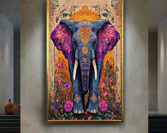 Boho elephant canvas wall art print, colorful floral Indian elephant decor, spiritual bohemian animal artwork for living room or yoga space